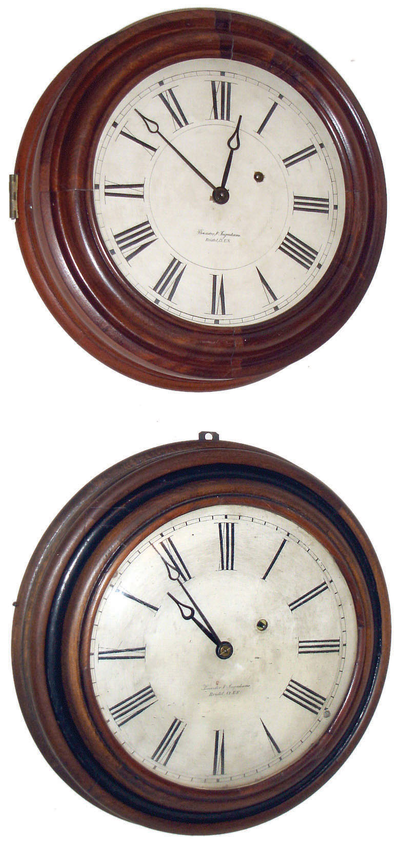 Clocks- 2 (Two) Bristol, Conn., gallery. (1) Brewster &amp; Ingrahams, 8 day time only, brass spring movement, c1850; (2)Brewster &amp; Ingrahams, 8 days, time only, brass spring driven movement, c1850 — Antique Clocks Price Guide