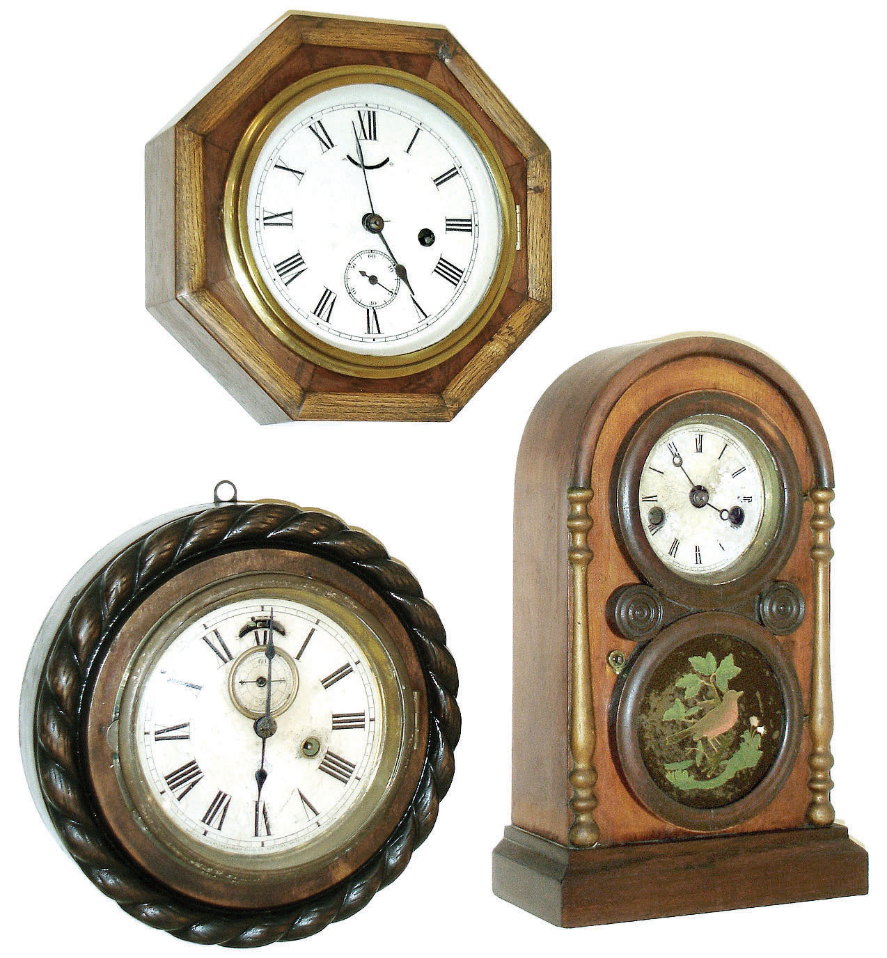 Clocks- 3 (Three) shelf: (1) Daniel Pratt, Reading, Mass., 30 hour round corner lever timepiece in a marine style case, c1870.  (2) Ansonia Clock Co., New York, "Cable" model 30 hour lever timepiece, c1904. (3) E. Ingraham &amp; Co., Bristol, Conn "Small Venetian" 30 hours, time and strike,, c1860. — Antique Clocks Price Guide
