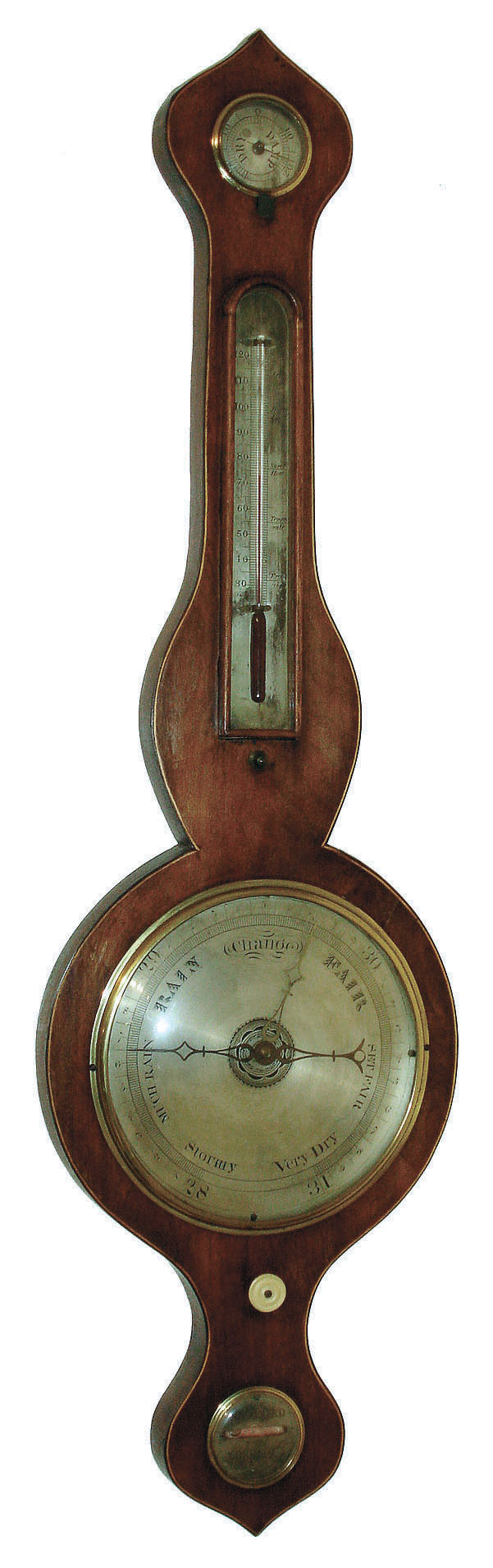 English mercury wheel barometer with thermometer and hydrometer in a mahogany veneered case with bone indicator knob, c1860 — Antique Clocks Price Guide