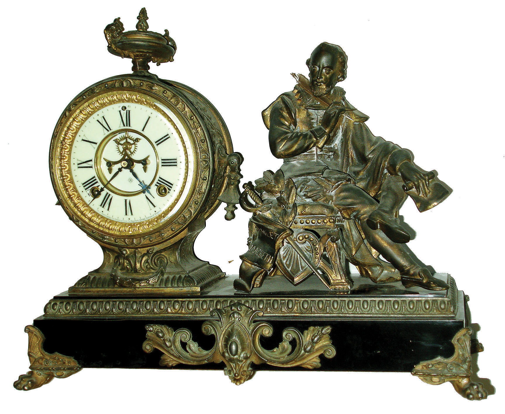 Ansonia Clock Co., New York, "Shakespeare" model 8 days, time and strike, cast metal figural mantel clock with visible escapement, c1894 — Antique Clocks Price Guide