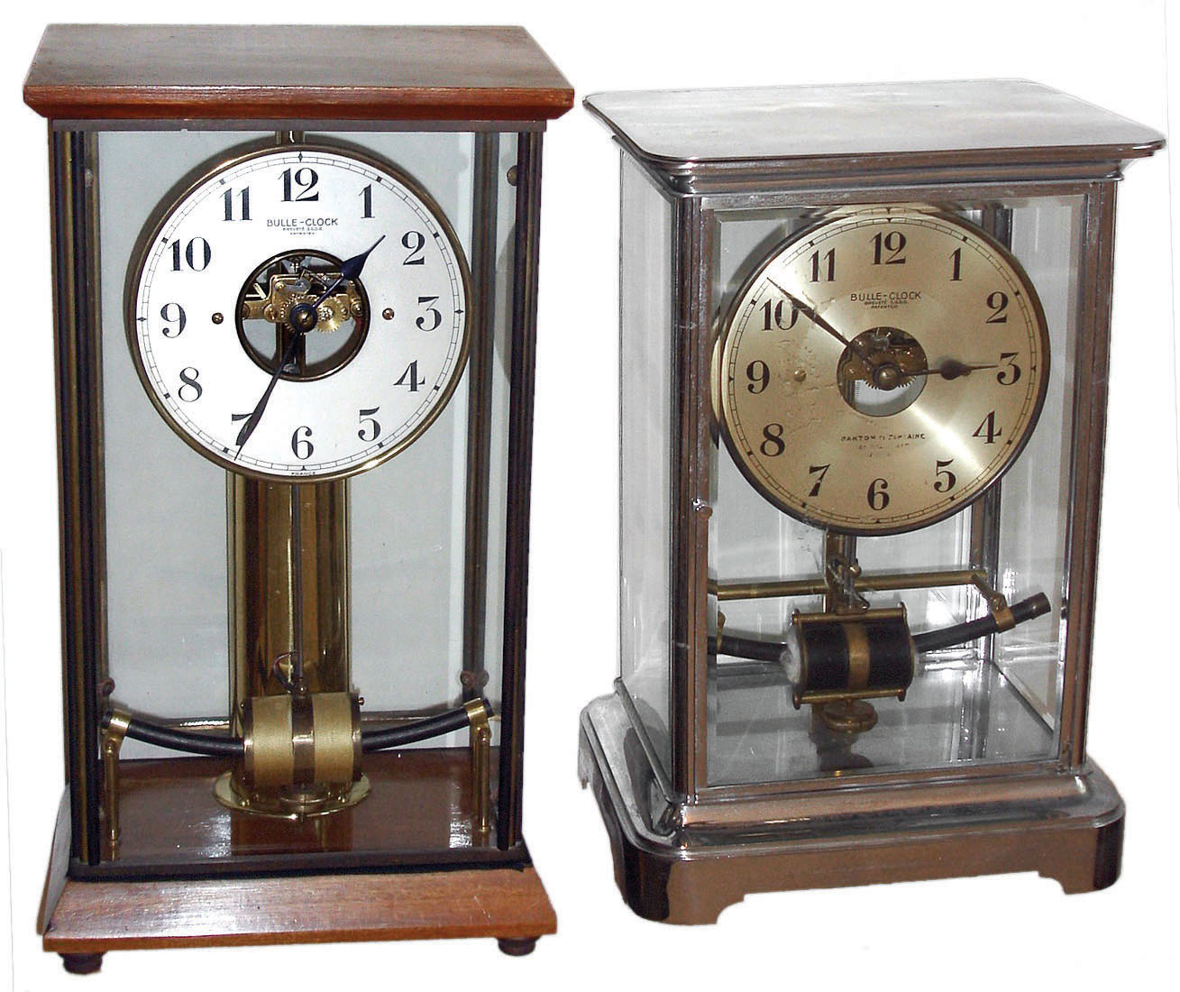 Clocks- 2 (Two): Bulle, French made electromechanical mantel clocks: one nickel plate; one wood top and base; early 20th century. — Antique Clocks Price Guide