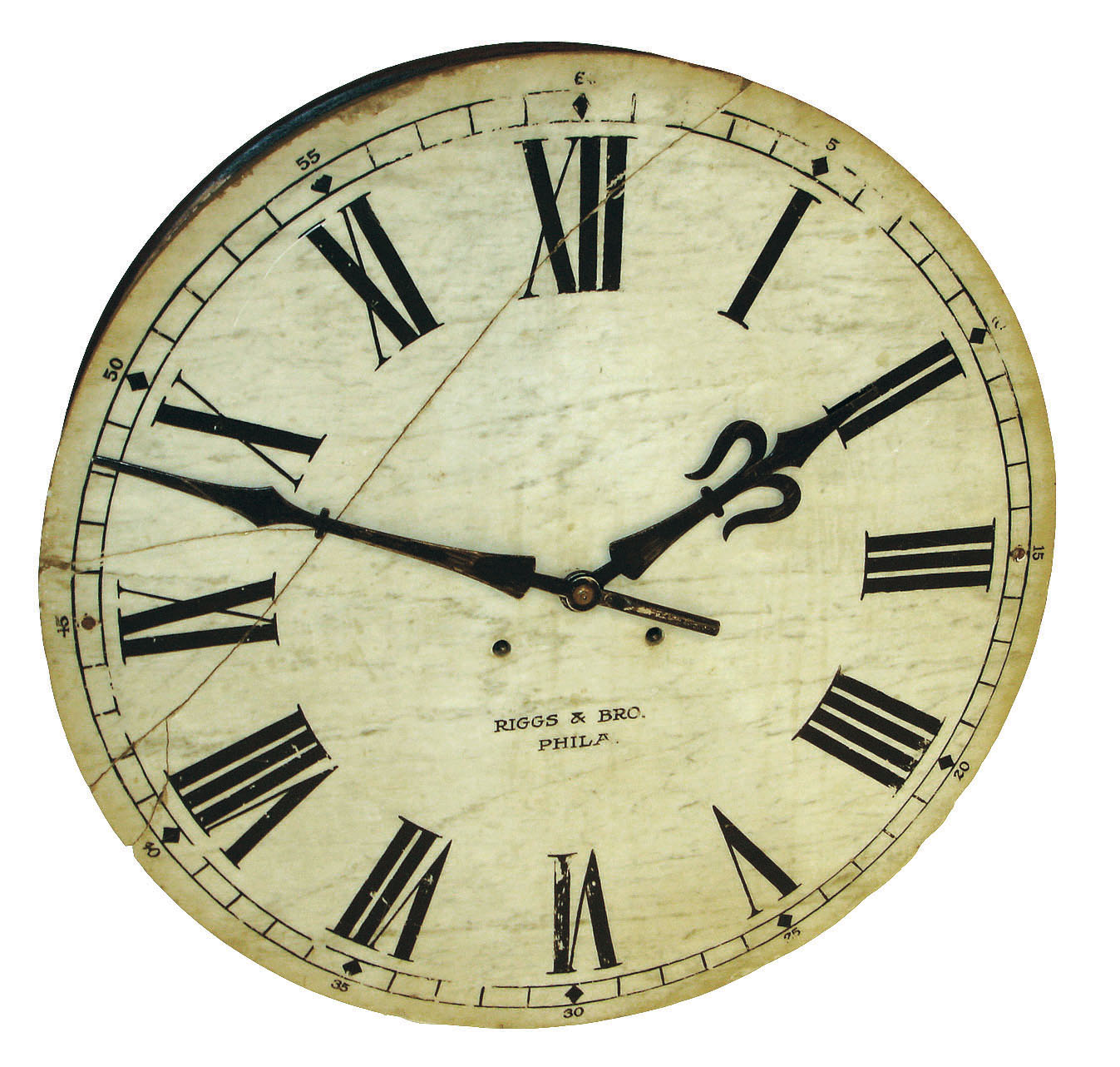 Seth Thomas Clock Co., Thomaston, Conn., for "Riggs Bro., Phila.", 24 inch white marble dial round gallery clock, wood case and back with #60 8 day twin-spring time only, movement, c1910 — Antique Clocks Price Guide