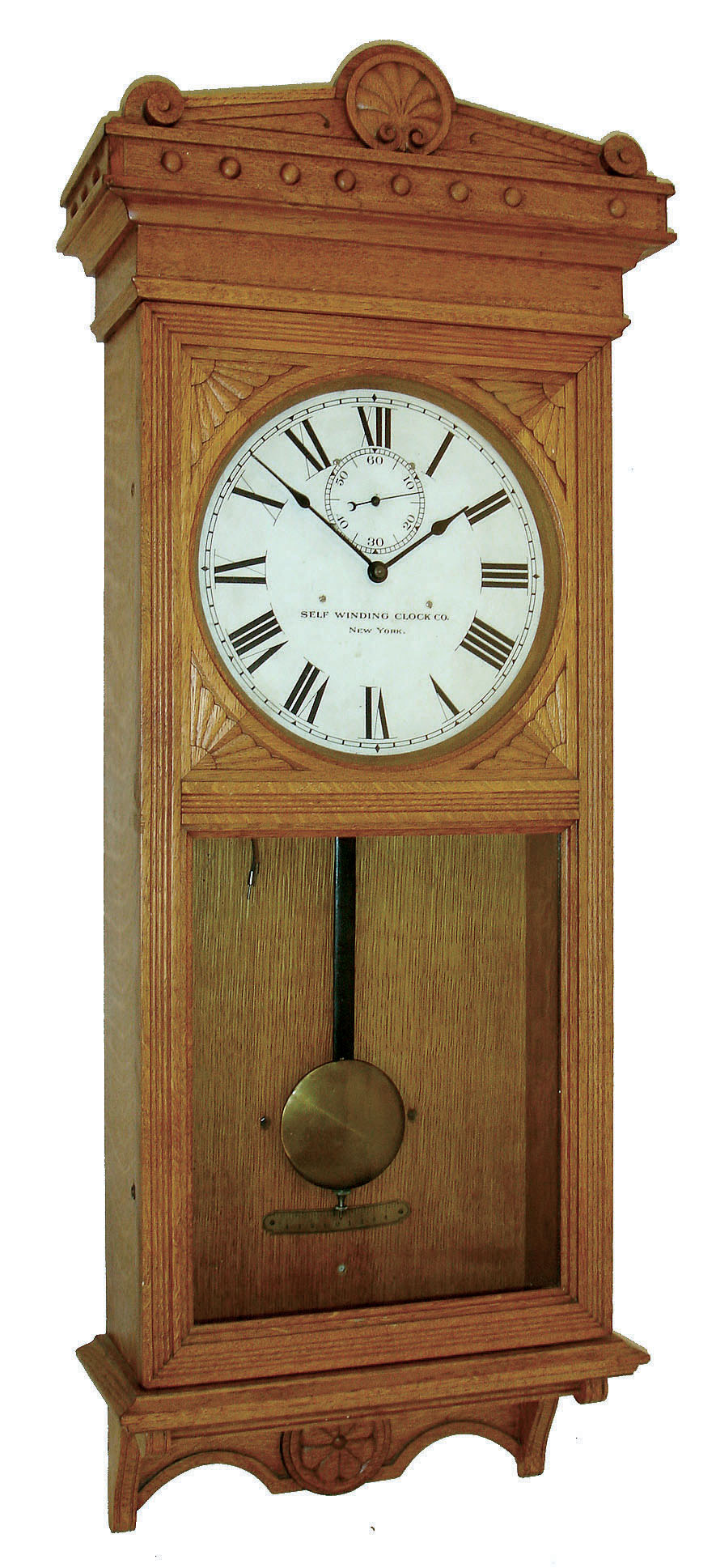 Self-Winding Clock Co., New York, "No.18" oak hanging regulator, c1898, plus two larger black painted dials — Antique Clocks Price Guide