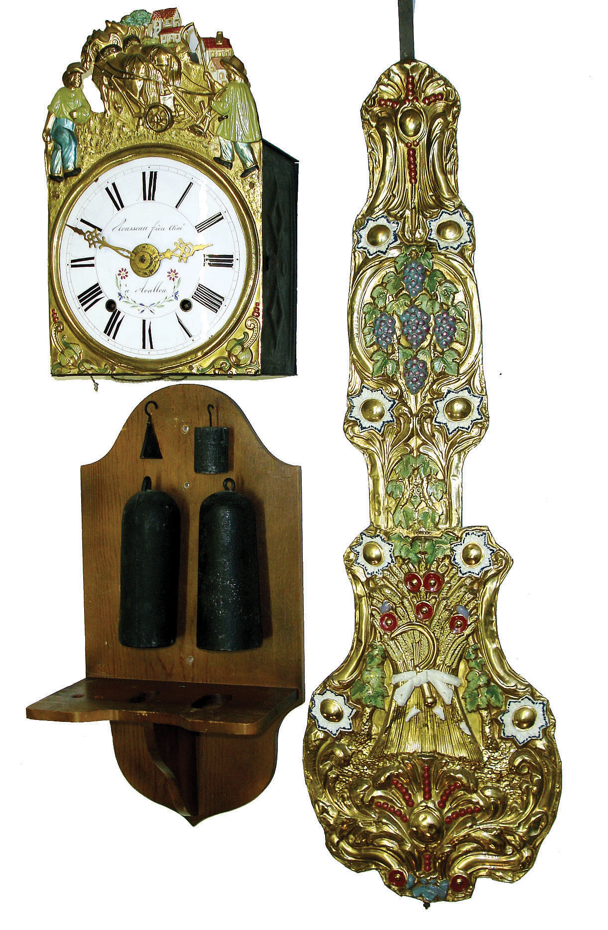 French Morbier or Comtoise 8 day weight driven time, alarm, &amp; strike (with prayer repeat) wall clock, with wall bracket and fancy pressed-brass pendulum, c1840 — Antique Clocks Price Guide