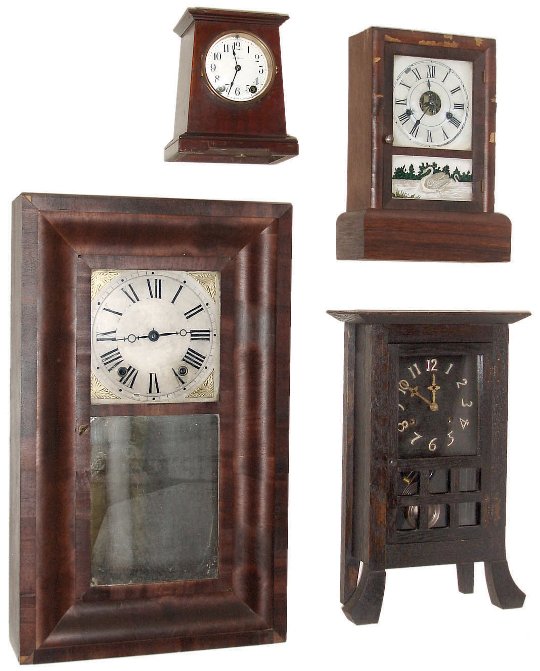 Clocks- 4 (Four) Connecticut shelf: (1) Seth Thomas Clock Co., Thomaston, CT, "Derby" model 8 day time and hour/half-hour strike in mahogany case, c1913.  (2) Henry C. Smith, Plymouth, Conn., 30 hours, time and strike,, weight driven wood movement in a mahogany veneered case, c1838; (3) Seth Thomas Clock Co., Thomaston, Conn., "Cottage" model 30 hours, time and strike,, shelf clock in mahogany case, c1880.  (4) New Haven Clock Co., New Haven, Conn., "San Pedro" model 8 day spring driven time &amp; hour/half-hour strike "Mission" oak case shelf clock, c1913. — Antique Clocks Price Guide