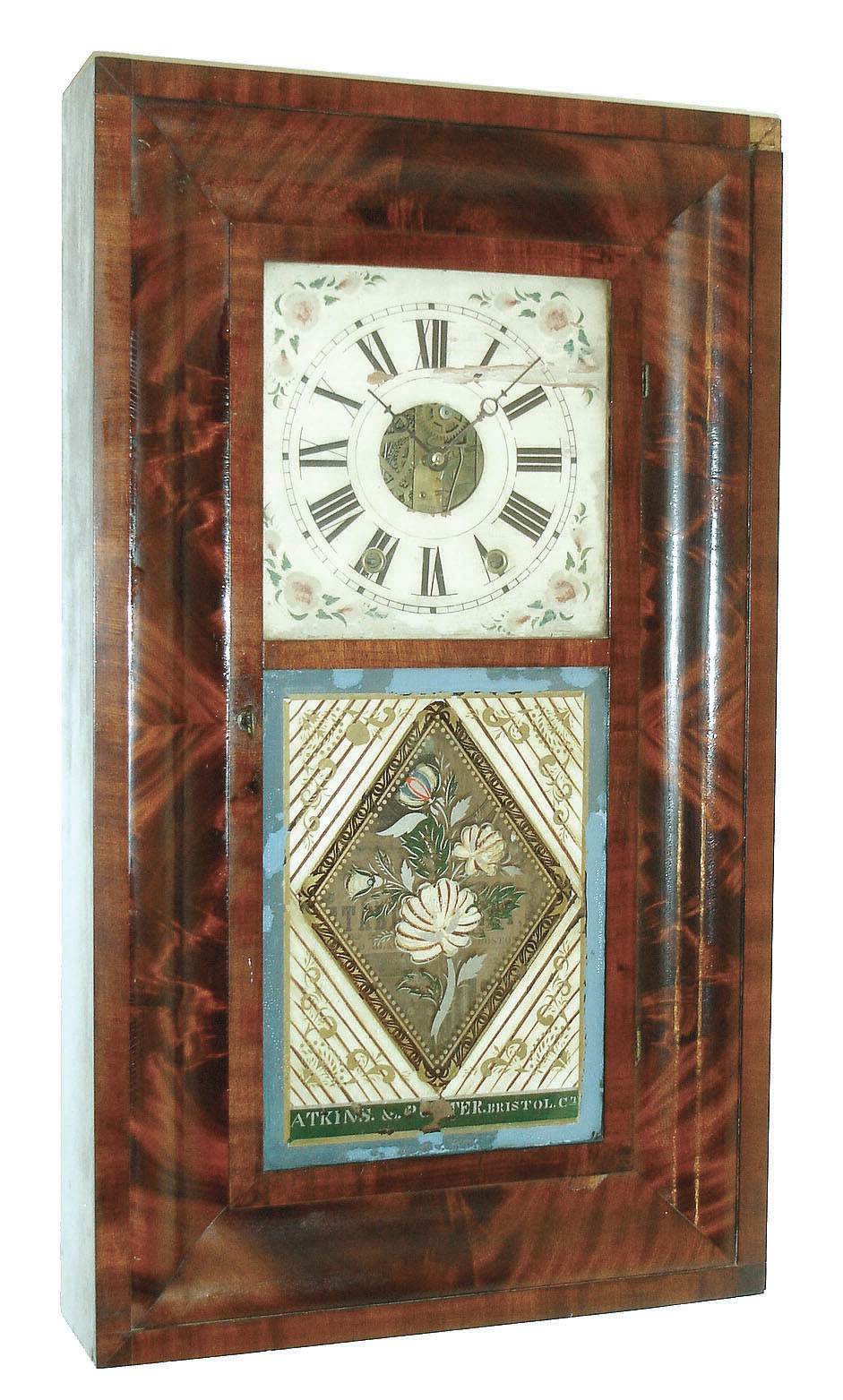 Atkins &amp; Porter, Bristol, CT, 8 day brass movement time and strike, weight driven OG shelf clock with label of J. J. &amp; W. Beal's Clock Establishment, Boston, c 1844. — Antique Clocks Price Guide