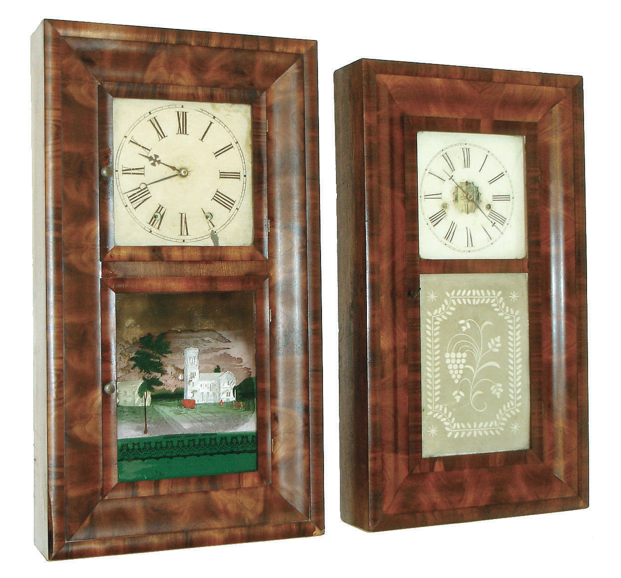 Clocks- 3 (Three) Connecticut OG/OOG, weight driven shelf: (1) Jerome &amp; Co., New Haven, 8 days, time and strike, OOG, c1870. (2) E. N. Welch, Forestville, 8 days, time and strike, OG, c1860. (3) Jeromes &amp; Co., Bristol, 30 hours, time and strike OG, c1840. — Antique Clocks Price Guide
