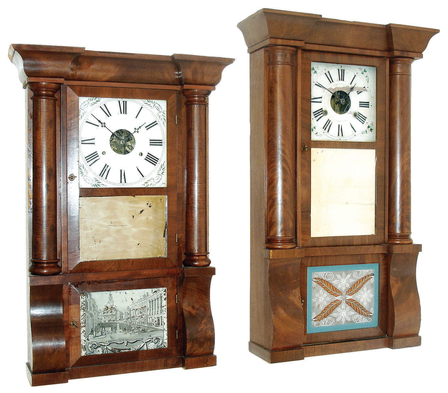 Clocks- 3 (Three) Connecticut Column &amp; Conice weight driven shelf. (1) F. C. Andrews, 3 Cortlandt St., NY, 30 hours, time and strike, c1850. (2) Birge &amp; Fuller, Bristol with overpaste of James Smith, Brandywine, Rokeby [Penn], 8 days, time and strike, c1846. (3) S.C. Spring &amp; Co, Bristol, Conn., 8 days, time and strike,, c1860 — Antique Clocks Price Guide