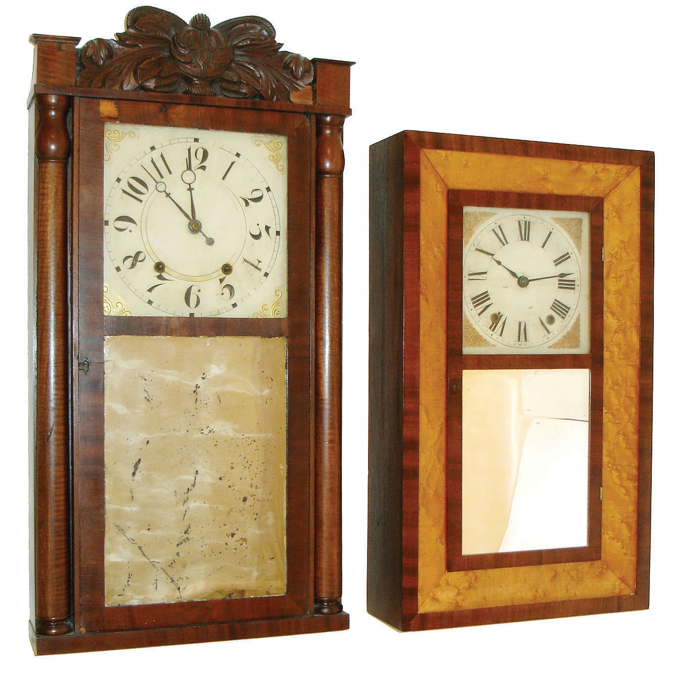Clocks- 4 (Four) wooden movement shelf: (1) Smith Brothers, New York, 30 hours, time and strike,, wood movement bevel case, c1840. (2) George Mitchell, Bristol, Conn., 30 hours, time and strike,, "groaner" wood movement stenciled half column, c1828. (3)Riley Whiting, Winchester, Conn., 30 hours, time and strike, wood movement carved column &amp; splat, c1832. (4) Eli Terry Jr &amp; Co., Plymouth, Conn., 30 hours, time and strike, wood movement half column and carved splat shelf clock. Original dial and hands, c1835. — Antique Clocks Price Guide
