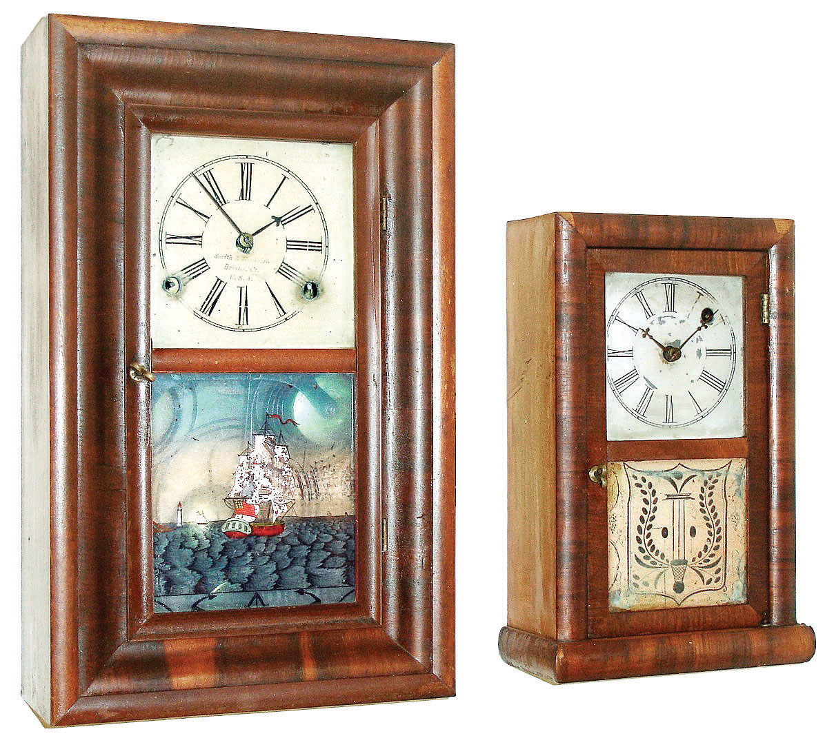 Clocks- 2 (Two) Connecticut shelf: (1) Smith &amp; Goodrich, Bristol, Conn miniature OG with 30 hours, time and strike,, fusee spring movement, c1850. (2) Ansonia Brass Co, Ansonia, CT miniature shelf clock with 30 hour spring timepiece, c1860. — Antique Clocks Price Guide