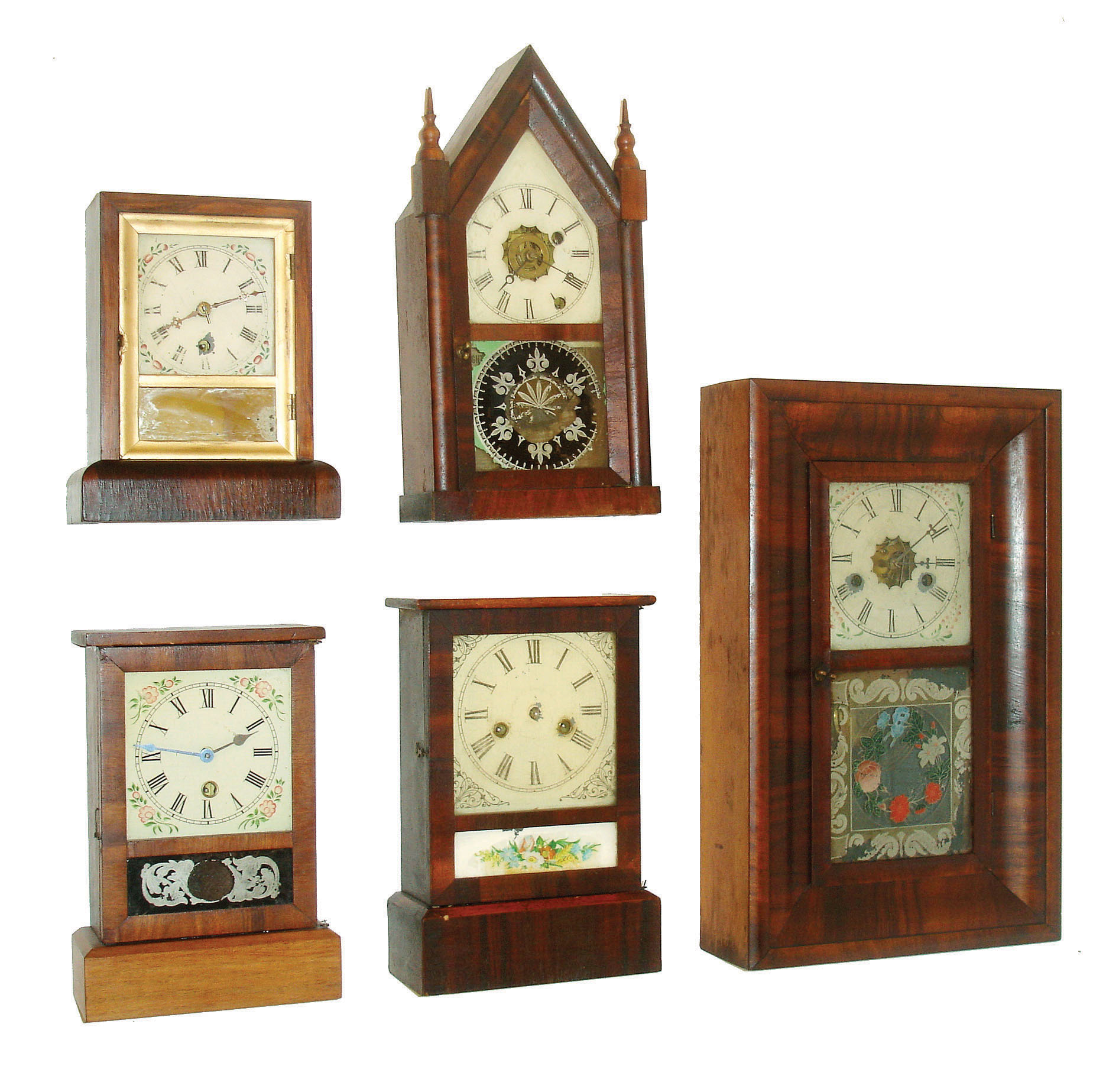 Clocks- 5 (Five) Connecticut shelf: (1)Ansonia Clock Co., Ansonia, 30 hours, time &amp; alarm sharp gothic or steeple timepiece, c1870. (2)William L. Gilbert &amp; Co., Winchester, 30 hour cottage timepiece, c1860. (3)Unknown, possibly a Waterbury, 30 hour cottage timepiece, c1865. (4)Ansonia Clock Co., Ansonia, 30 hours, time and strike, cottage clock, c1870. (5)E.N. Welch, Forestville, 30 hours, time and strike,, miniature OOG, c1860. — Antique Clocks Price Guide