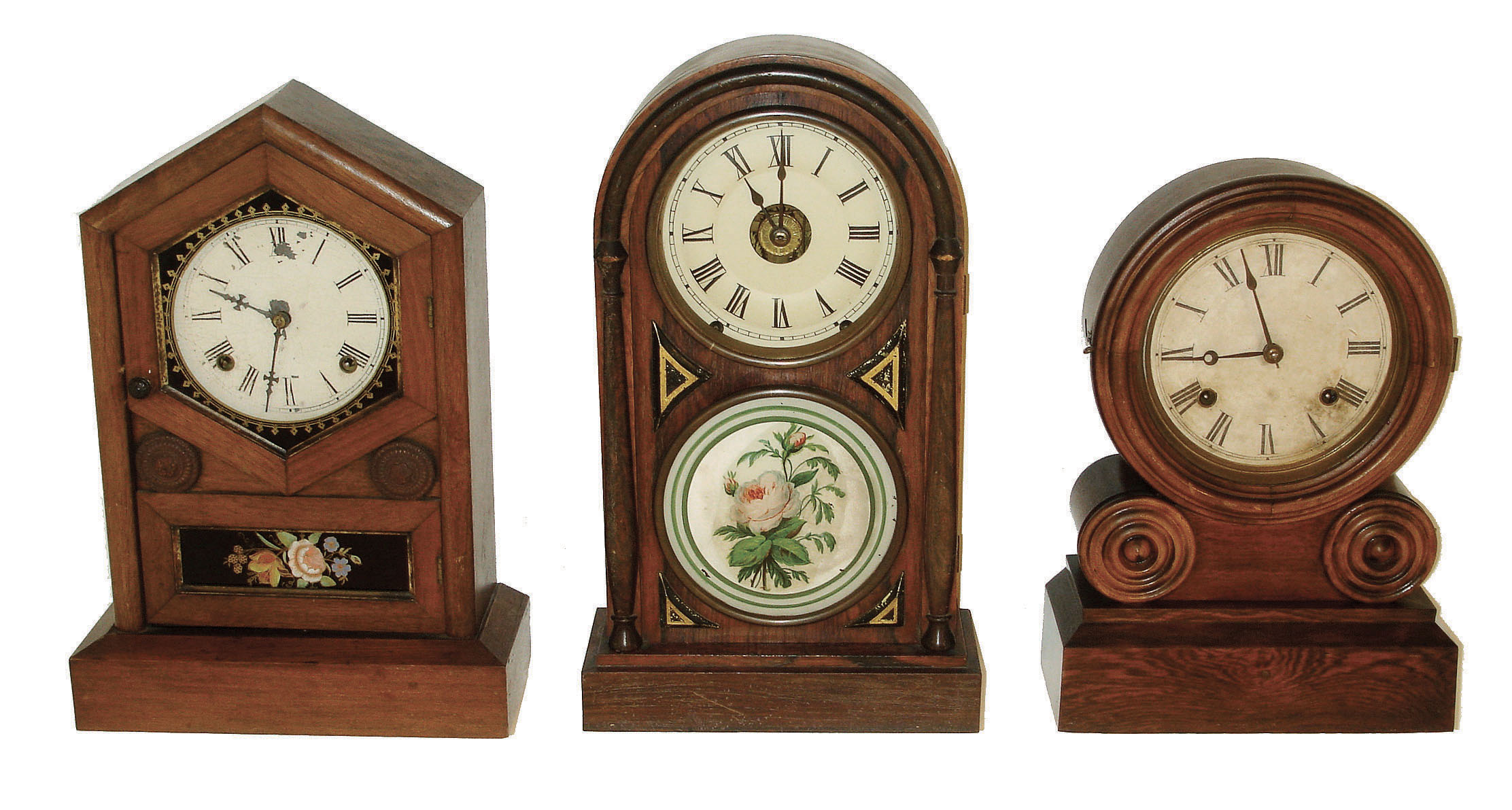 Clocks- 3 (Three) Connecticut shelf: (1) E. Ingraham &amp; Co., Bristol "Grecian" 8 days, time and strike,,; c1870. (2) Jerome &amp; Co., New Haven, 8 days, time and strike, c1880. (3) Seth Thomas Clock Co., Thomaston, "Chicago" 8 day time, strike &amp; alarm, c1880. — Antique Clocks Price Guide