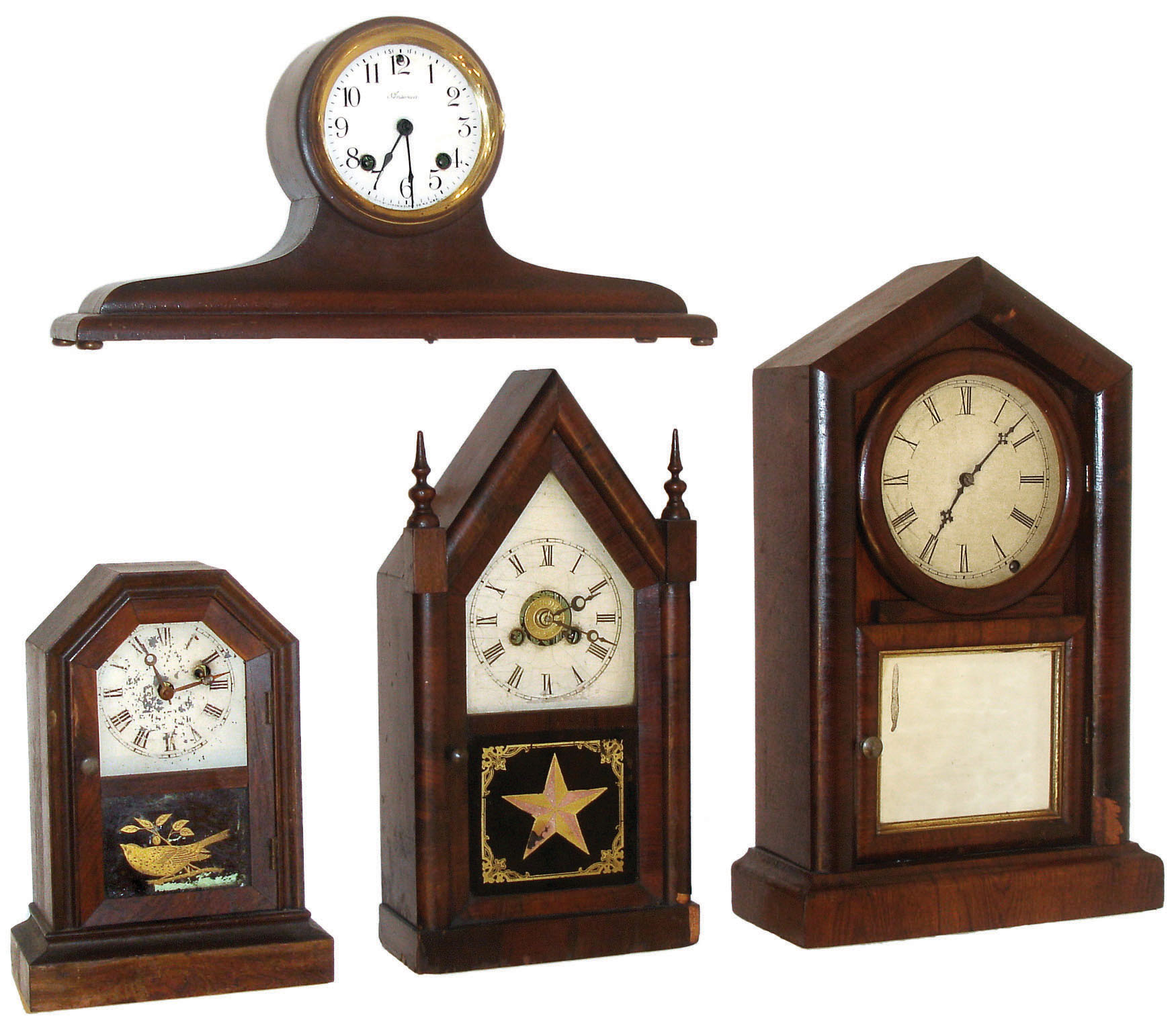 Clocks- 4 (Four) shelf: (1)Jerome &amp; Co., New Haven, Conn., 30 hours, time &amp; alarm mini sharp gothic or steeple timepiece, c1875. (2)Ansonia Clock Co., New York, 8 days, time and strike, tambour, c1915. (3)Atkins Clock Co., Bristol, Conn., 30 hours, octagon top cottage timepiece, c1875. (4)Ansonia Brass &amp; Copper Co., Ansonia, Conn., 8 days, time and strike, mantel clock, c1875. — Antique Clocks Price Guide