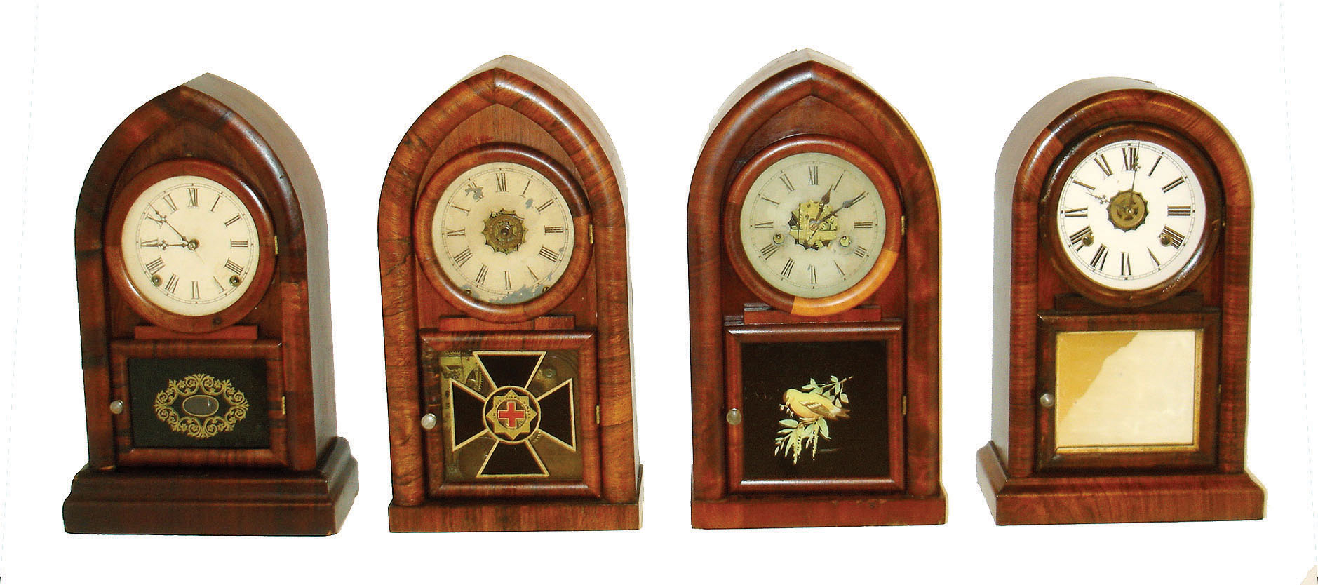 Clocks- 4 (Four) Connecticut shelf: (1)E.N. Welch Mfg. Co., Forestville, Conn., 8 days, time and strike, beehive, c1880. (2)Ansonia Brass &amp; Copper Co., Ansonia, 8 days, time, strike &amp; alarm round top, c1875. (3)New Haven Clock Co., New Haven, 8 days, time and strike, beehive, c1875. (4)Bristol Brass &amp; Clock Co., Forestville, Conn., 30 hours, time and strike, beehive, c1875. — Antique Clocks Price Guide