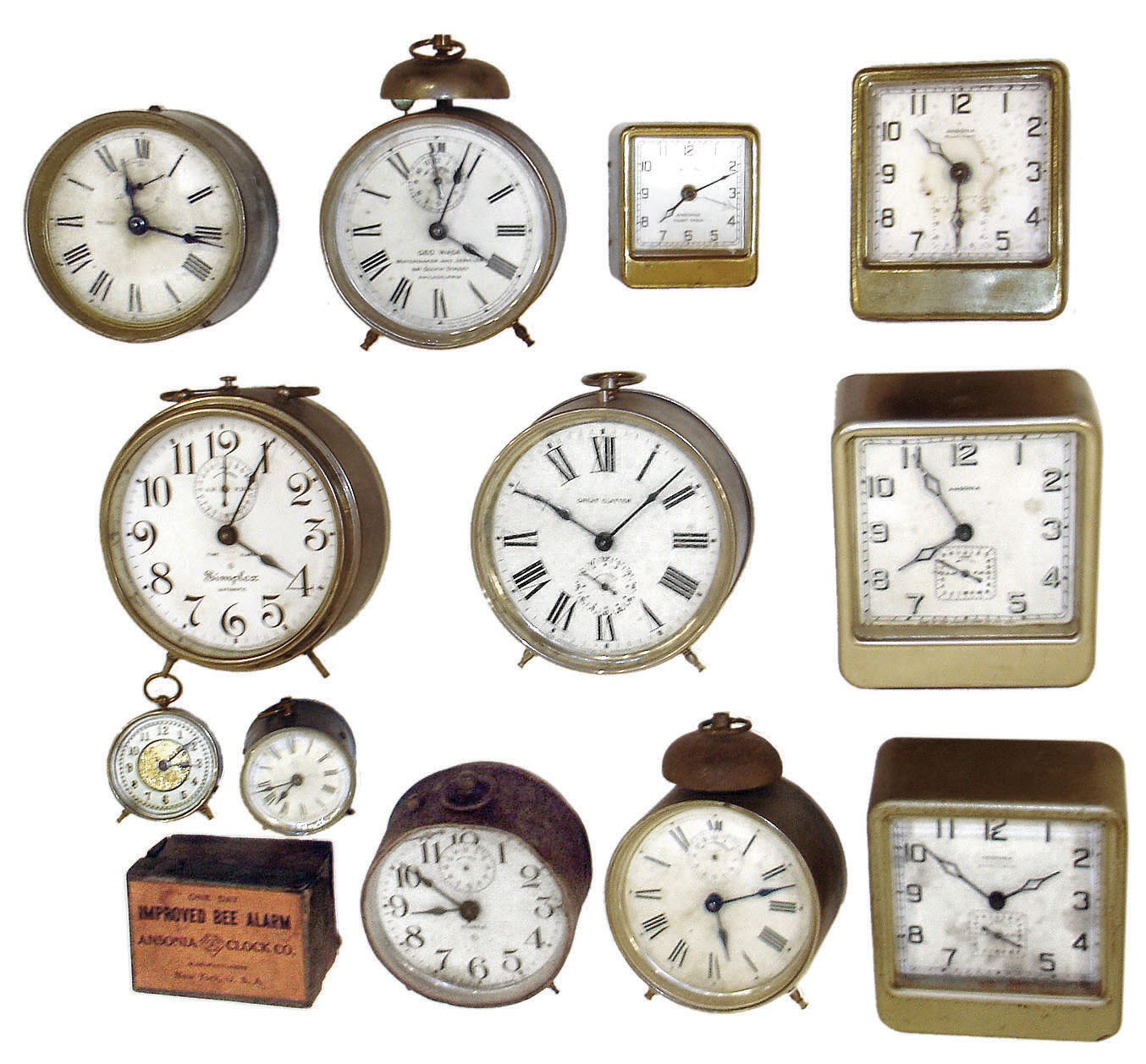 Clocks- 12 (Twelve) Ansonia Clock Co., New York alarm and novelty clocks: "Bee" time-only one day and 8 day; "Simplex" 8 day alarm; "Square Rascal" alarm; "Square Pirate" alarm; two "Improved Square Simplex" 8 day alarms; round bell-top alarm with dial "Geo. Wasa, Watchmaker &amp; Jeweler, 641 South Street, Philadelphia"; round timepiece (missing feet); round alarm missing its back; "Startle" alarm; "Great Clatter" alarm; original Bee Alarm box, 1890-1920s. — Antique Clocks Price Guide