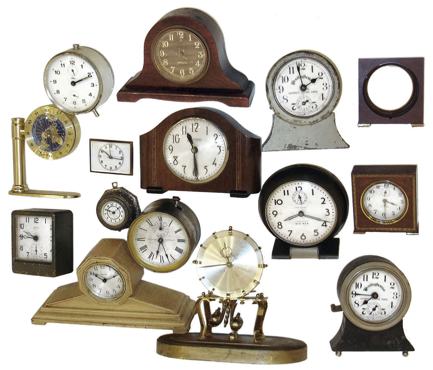 Clocks- 15 (Fifteen) alarm, novelty and 400-day: Ansonia "Square Pirate"; Benchmark world time quartz; Gilbert "Moonlight"; Sessions plug-in; Ansonia round alarm (no feet); two Westinghouse Automatic Electric Range clock/timers; Seth Thomas "Severn" and a second case with no movement; Ansonia cast metal; Westclox Big Ben; Waterbury miniature tambour; Prim, Czechoslovakia alarm; Elgin 7-jewel travel clock (no leather case) and German Kieninger small 400-day (no glass dome); early 20th century — Antique Clocks Price Guide