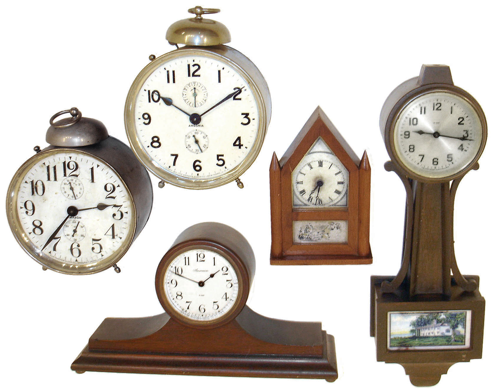 Clocks- 5 (Five) alarm and novelty: Ansonia small 8 day time only, mahogany tambour; Burroughs "No.49T Steeple Gothic" time only; two Ansonia oversize alarm clocks, one marked "Amazon"; New Haven 12-day miniature banjo; early 20th century — Antique Clocks Price Guide