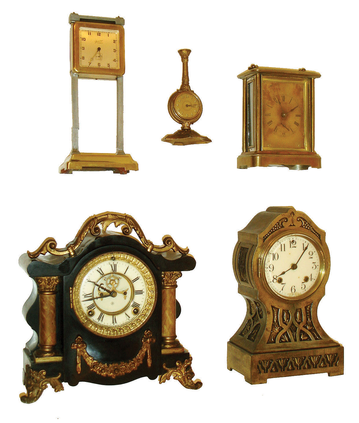 Clocks- 5 (Five) shelf and novelty: (1) Ansonia Clock Co., New York, "Toulon" model 8 days, time and strike, enameled iron case, c1904. (2) Ansonia Clock Co., New York, "Peep-O'-Day" Carriage clock with spring driven one day time and musical alarm, c1886. (3) Ansonia Clock Co, New York. "Thebes" model 8 days, time and strike, in metal case, c1911. (4) Lux Mfg. Co., Waterbury, Conn., unidentified model shaped like a watch holder, c1915. (5) Ansonia Clock Co., New York. "Gravity Clock". 36 hour timepiece novelty, c1924, — Antique Clocks Price Guide