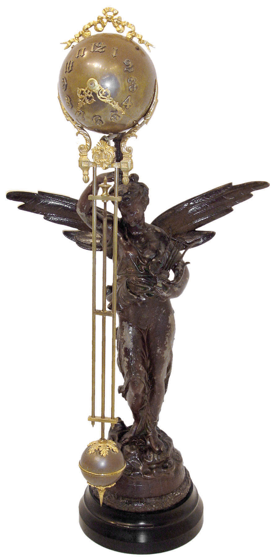 Ansonia Clock Co., New York, "Gloria Ball Swing", patinated, winged female figure with lyre and holding the clock aloft in her right hand, standing on a globe, bound with laurel wreath, and with ebonized iron base, 8 day time only, movement mounted inside a brass sphere with cast ribbon ornament and applied Arabic numerals, Louis XV style hands, the lower section in gridiron style with smaller sphere at the bottom, c1900 — Antique Clocks Price Guide