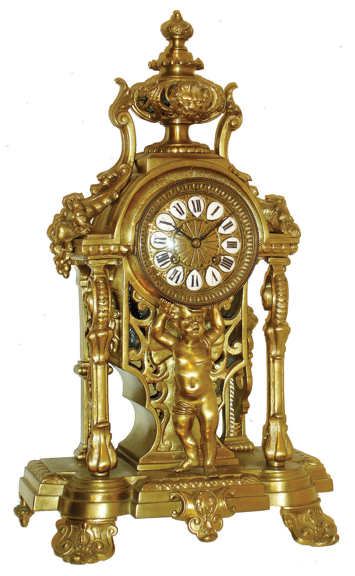 French cast metal 8 days, time and strike, ornate figural mantel clock, Japy Freres movement, c1890 — Antique Clocks Price Guide