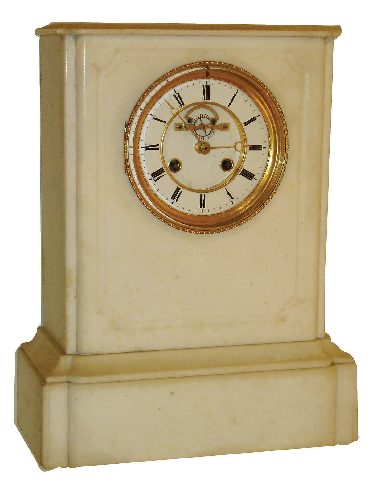 French alabaster 8 days, time and strike, mantel clock, visible escapement, c1890 — Antique Clocks Price Guide