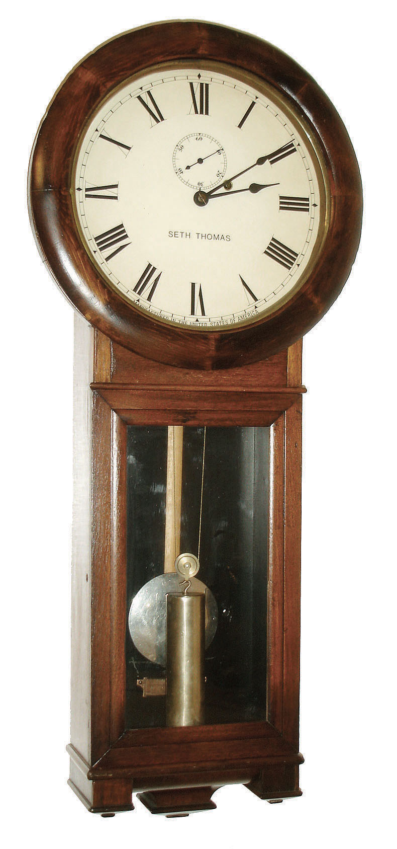 Seth Thomas Clock Co., Thomaston, Conn., "Regulator No. 2", 8 days, weight time only, in walnut case, c1900 — Antique Clocks Price Guide
