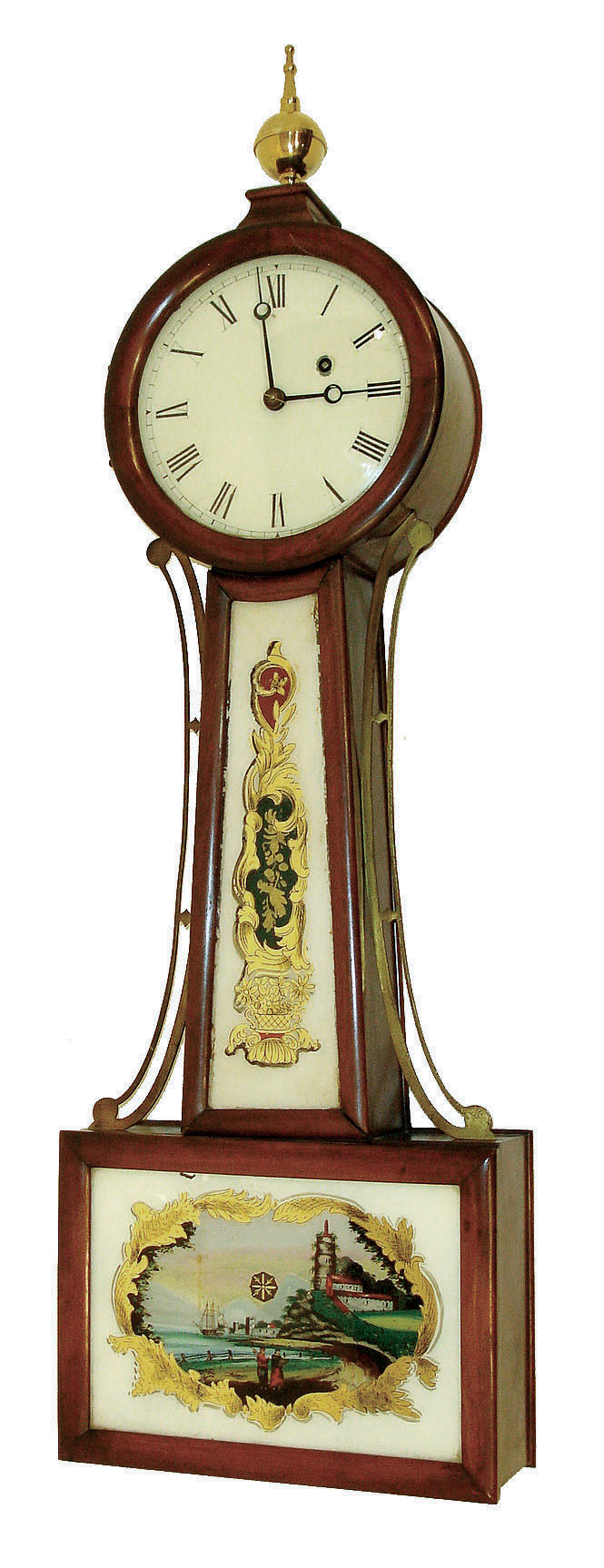 Chelsea banjo clock, mahogany case with rounded mahogany frames, reverse painted glasses, the lower with seaside scene, the upper with gilt scrolls and basket of flowers, turned wooden bezel, Roman numeral white painted dial, steel moon hands, brass 8 day weight driven timepiece movement, serial #2043, c1900 — Antique Clocks Price Guide