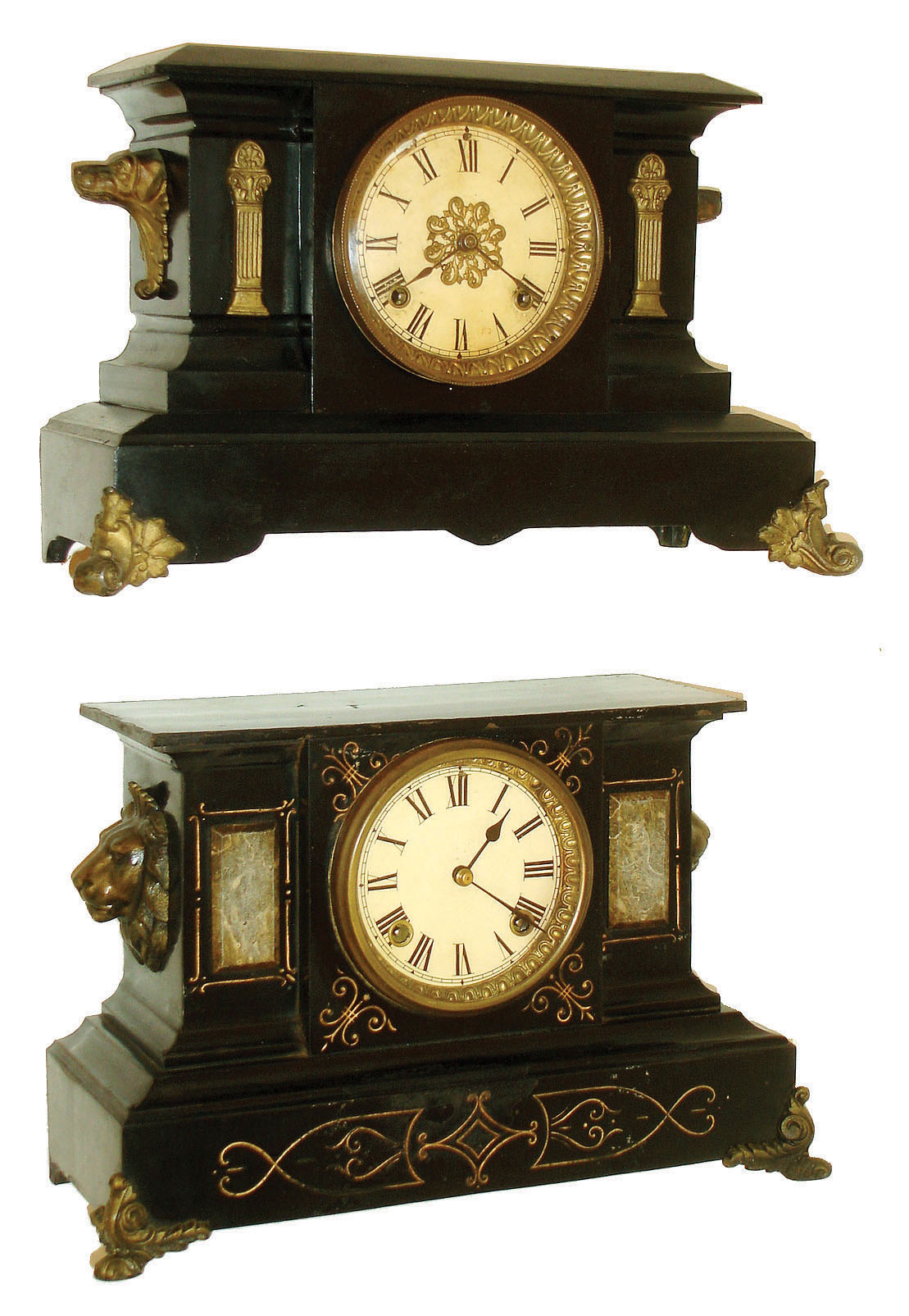 Clocks- 3 (Three) Ansonia Clock Co., New York: (1) "Venice" model with 8 day spring driven time and strike, (hour &amp; half hour) movement, black enameled iron case, c1904. (2) "Compton" model with 8 day spring driven time and strike, (hour and half hour) movement, black enameled iron case, c1914. (3) "Amazon", 8-day, time and strike, oak shelf clock, c1894 — Antique Clocks Price Guide