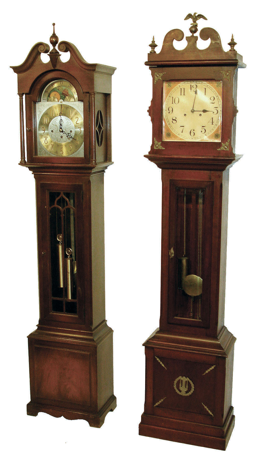Tall clocks- 2 (Two); (1) Herschede retailed by Stowell &amp; Co., Boston in mahogany case with moon phase. 8 days,three weight time, strike and chime movement, c1960, (2) attributed to New Haven Clock Co., New Haven, Conn., with cherry case, 8 days, time and strike movement c1900 — Antique Clocks Price Guide