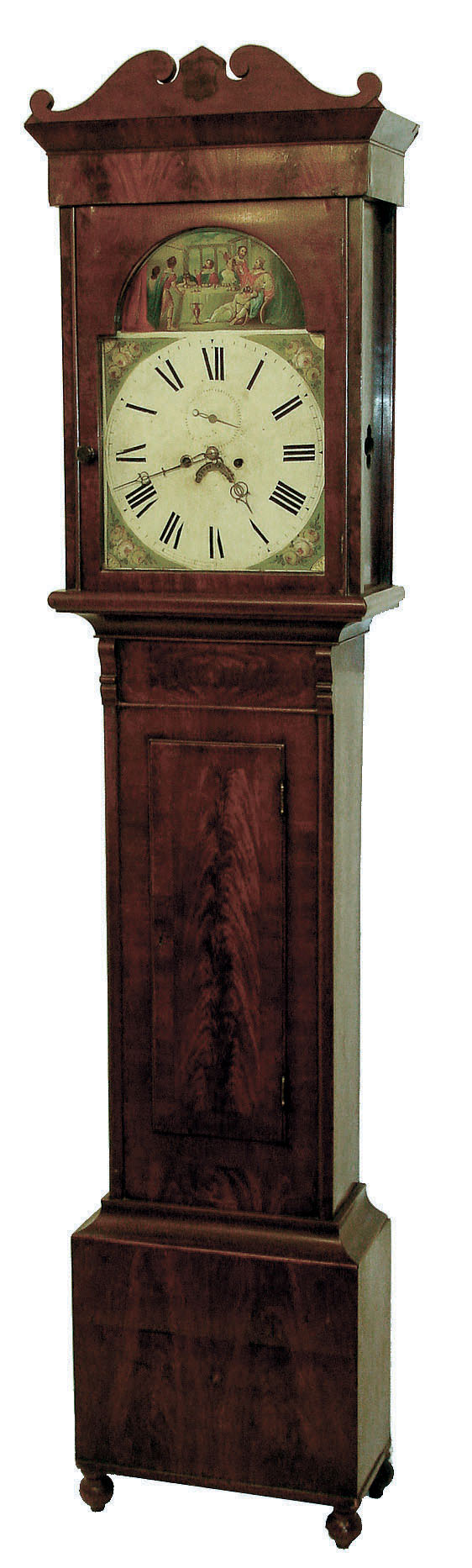 Scottish tall clock, 8 days, time and strike,, weight driven movement in a mahogany veneered case with painted iron dial with date calendar, c1840 — Antique Clocks Price Guide