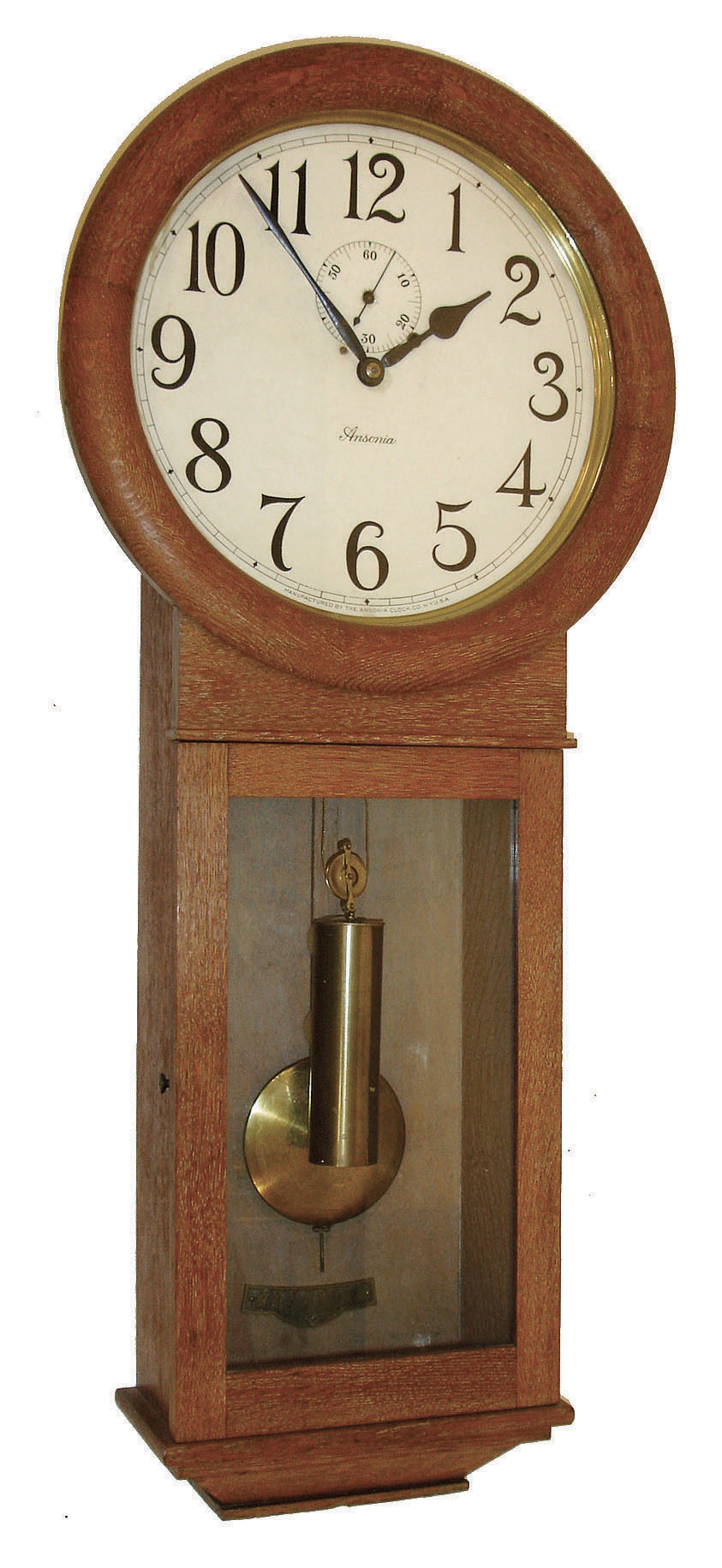 Ansonia Clock Co., New York, "Standard Regulator" 8 day time only, weight driven oak wall clock, c1920 — Antique Clocks Price Guide