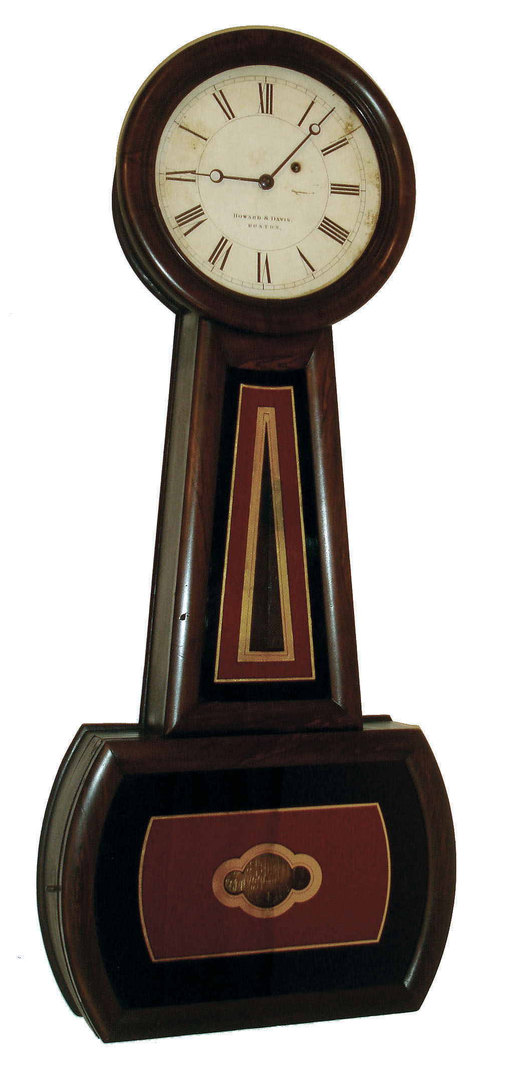 Howard &amp; Davis, Boston, Mass., "No. 3 Banjo" regulator, 8 days, time only, weight driven movement in a rosewood grained cherry case with paper over iron dial and reverse painted tablets, c1858 — Antique Clocks Price Guide
