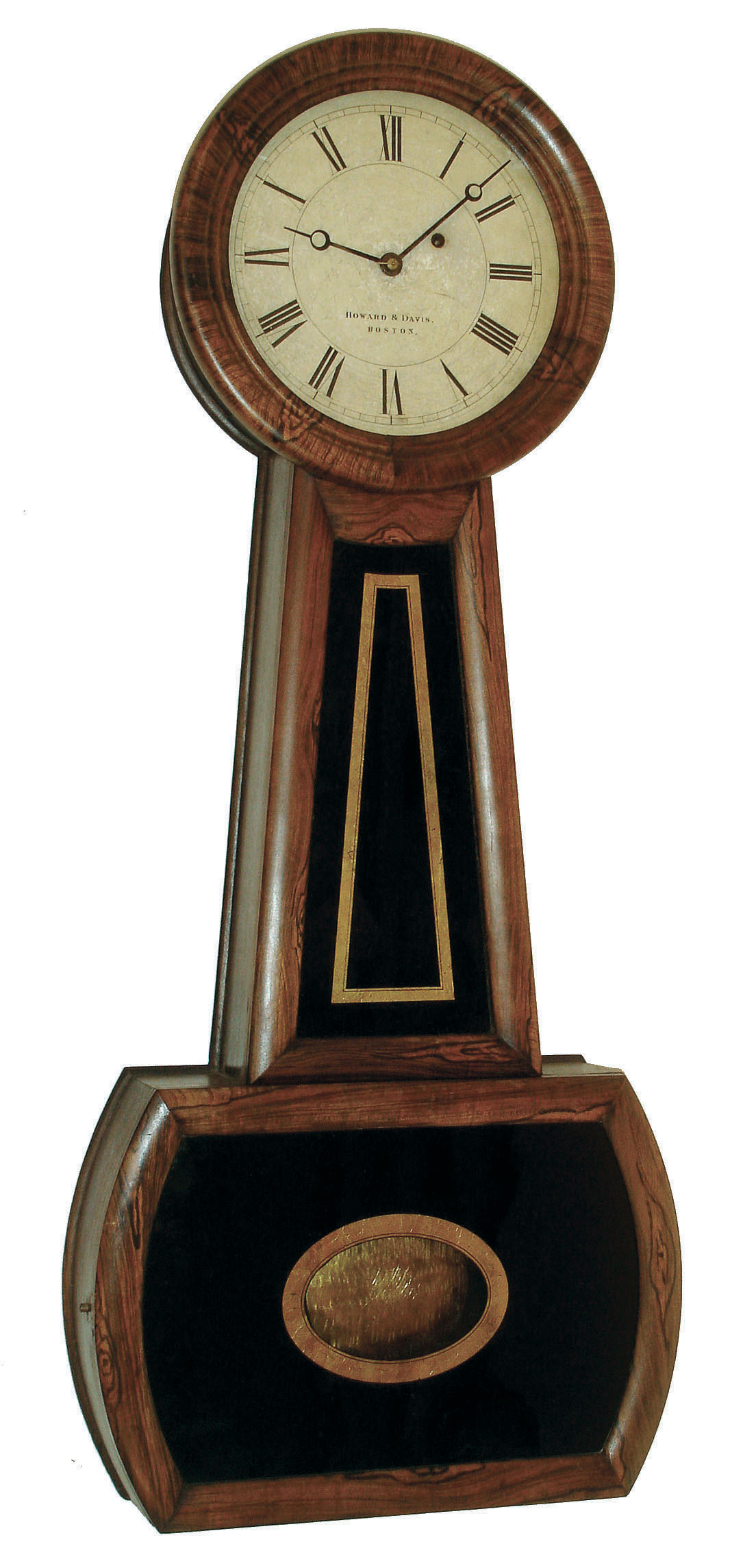 Howard &amp; Davis, Boston, Mass., "No. 3 Banjo" regulator wall clock, 8 days, time only, weight driven movement in a rosewood grained case with papered metal dial and reverse painted tablets, c1860 — Antique Clocks Price Guide