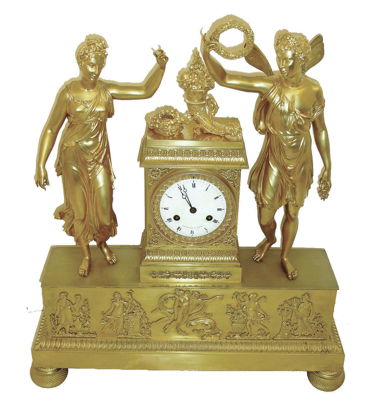 France, large and impressive gilt bronze figural mantel clock, love themed, and replete with classical ornament, with male and female figures flanking the architectural clock case, the winged male representing Cupid and holding a wreath aloft in his right hand, the top of clock case with floral wreaths joined with a bowknot and ornate cornucopia, the base with applied relief castings of Cupid and Psyche, all on large cast feet with engine turned ornament, Roman numeral white enamel dial signed "Joignerey a Paris", and with finely detailed gilt bezel, blued steel Breguet style hands, 8 days, time and strike, pendule a Paris movement with silk thread suspension, bell signed "Beaubier", case with glazed rear cover, c1820 — Antique Clocks Price Guide