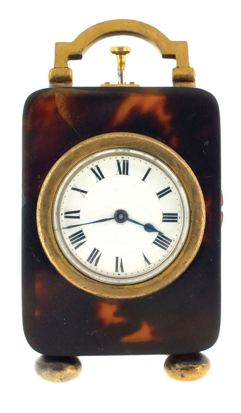 Switzerland, small quarter repeating carriage clock with silver gilt mounted tortoise shell case, 8 day movement repeating the quarters on demand, lever platform with cut, bimetallic balance, back plate marked "Nocturne", gongs marked "Chappuis", Roman numeral white enamel dial, blued steel spade and poker hands, the hardware marked "H.A. &amp; Co", also bearing London hallmark and date letter for 1912 — Antique Clocks Price Guide