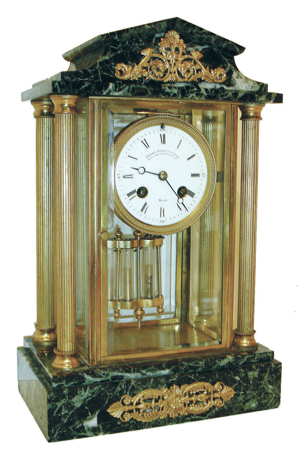 French, for the Austrian market (Franz Hiess, Vienna), bronze &amp; dark green onyx crystal regulator, 4-columns case and with compensating mercurial pendulum, c1905 — Antique Clocks Price Guide