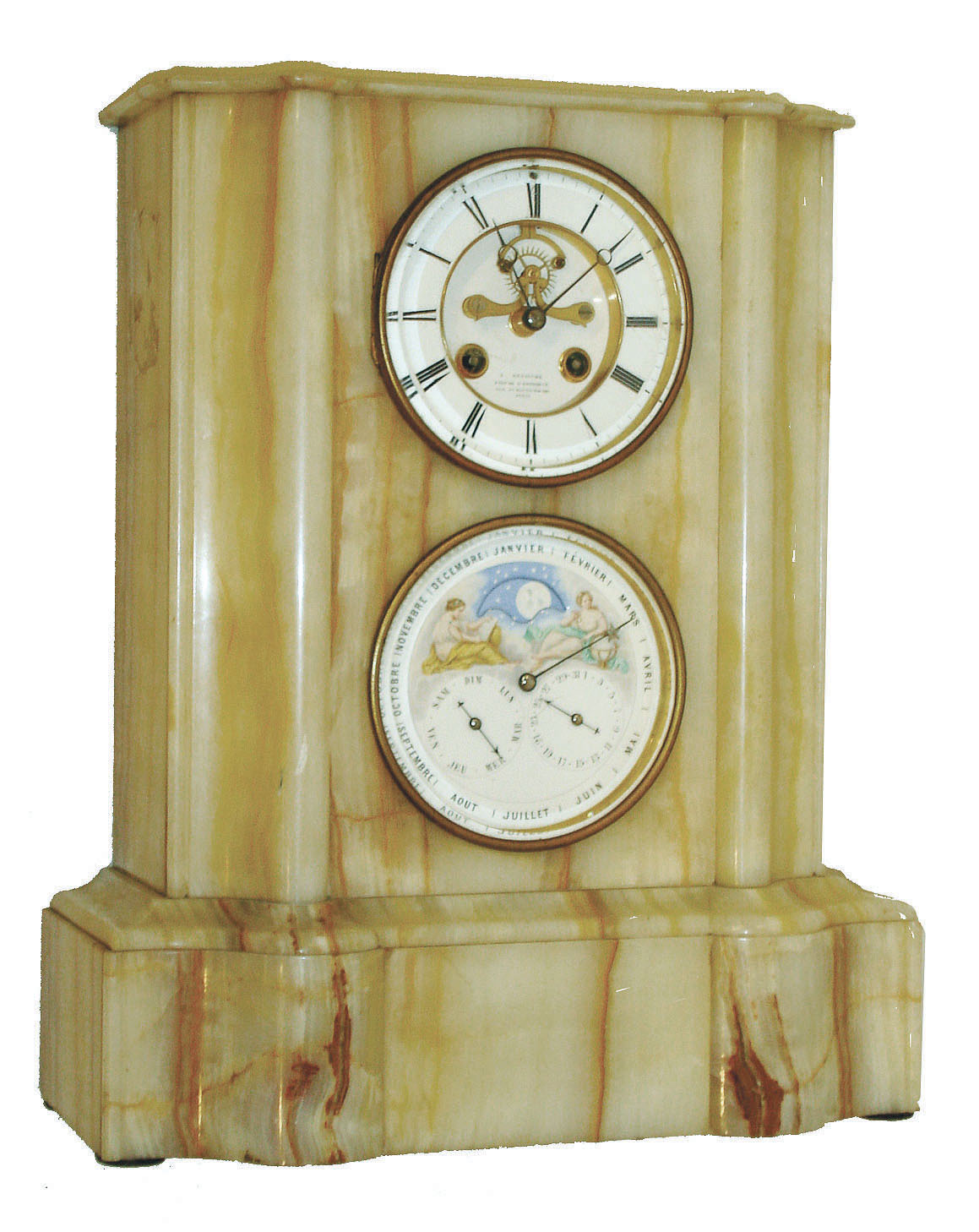 French, C. Detouche, Rue St. Martin 228, Paris, double dial calendar clock, substantial veined tan marble case, the perpetual calendar also with rolling moon, and indicating day, date and month perpetually, c1880 — Antique Clocks Price Guide