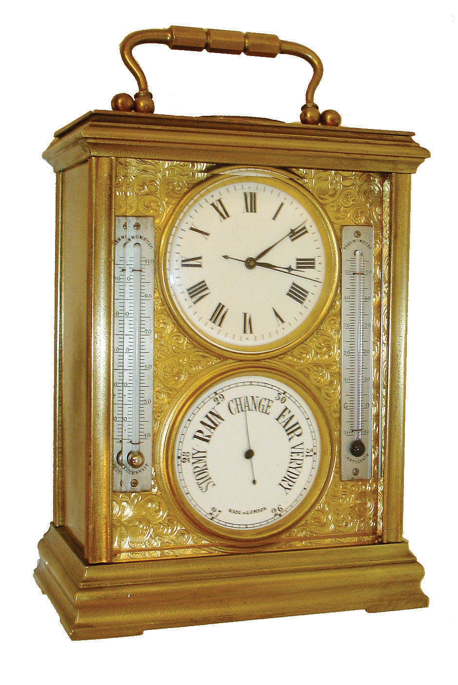 English carriage style small desk case, now married with a Swiss lever movement clock, aneroid barometer below the clock and thermometers for both Fahrenheit and Centigrade, and with a compass in the top of the case, C.1950 — Antique Clocks Price Guide