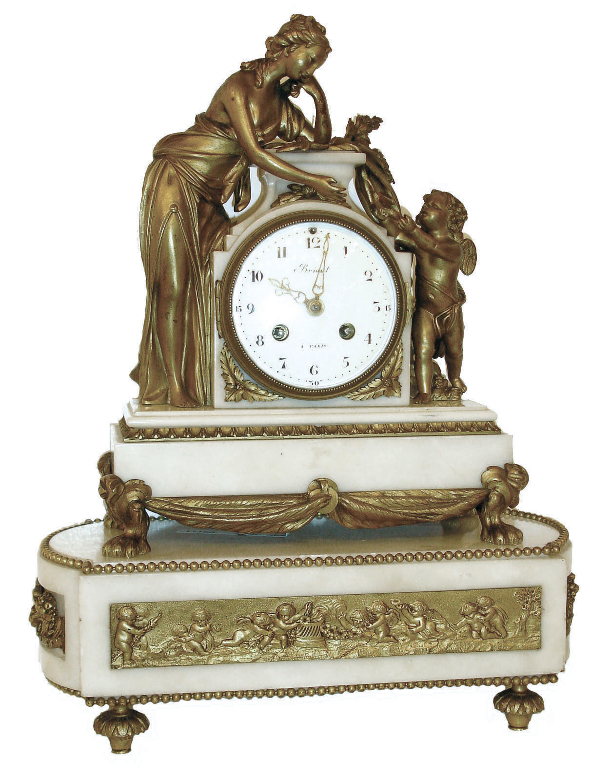 France, Briant, marble and gilt bronze mantel clock with separate base, the base with convex ends, and with recessed panels, all with gilt ornament, the front in relief depicting putti creating mischief, and on foliate ornamented toupie feet, the base of the clock case with gilt swags and with paw feet, and the upper section with figures flanking the dial, a putto on the right presents a bird to the standing female at the left, Arabic numeral white enamel dial signed "Briant a Paris", gilt pierced and engraved hands, 8 days, time and strike, pendule a Paris movement marked Vincenti, c1870 — Antique Clocks Price Guide