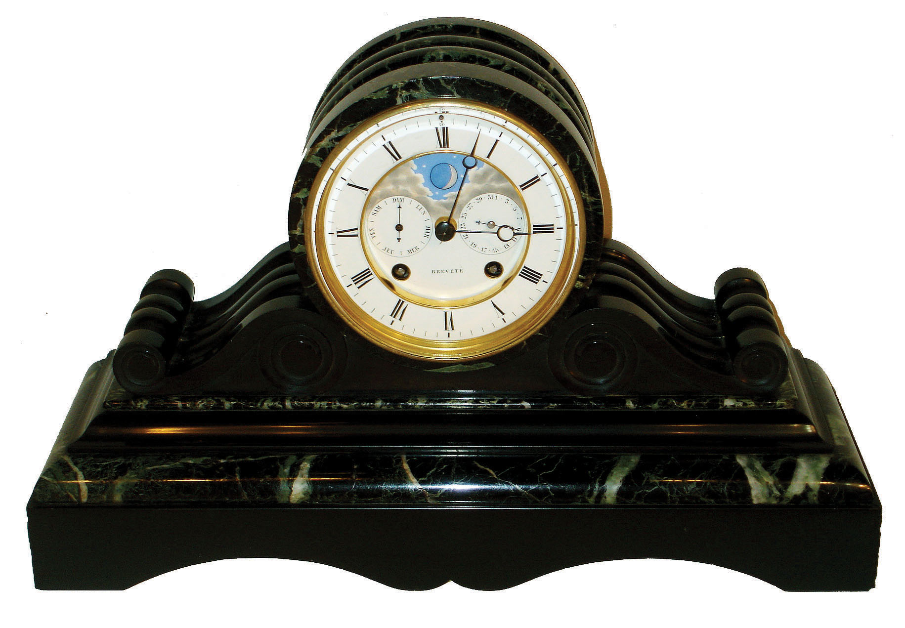 France, Delettrez and Brocot, large 3 dimensional marble tambour clock with perpetual calendar and moon phase on the dial, the black slate accented with moldings of green- grey and black variegated marble. With a robust and oversize movement carrying the calendar mechanism between the front plate and the dial, rather than with a separate mechanism &amp; dial, as we commonly see, c1860 — Antique Clocks Price Guide