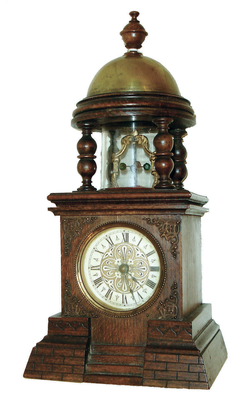 German, small 30 hour novelty timepiece, in the form of a lighthouse, wound through rear hinged door, and with a long balance staff bearing faceted glass "jewels", rotating back and forth behind a cylindrical lighthouse lens, c1900 — Antique Clocks Price Guide