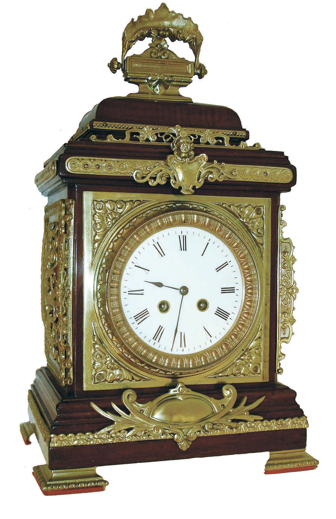 France, mahogany time and strike bracket clock, with profuse cast and polished brass decorations,  c1890 — Antique Clocks Price Guide