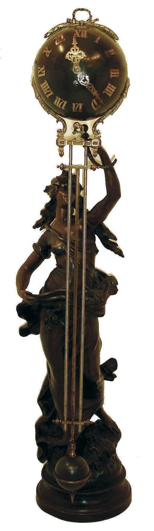 France, large mysterious ball Swing Clock, the clock and grid 'pendulum' arm held aloft by the outstretched arm of "Autumn", statue bearing the signature of Aug. Moreau, c1890 — Antique Clocks Price Guide