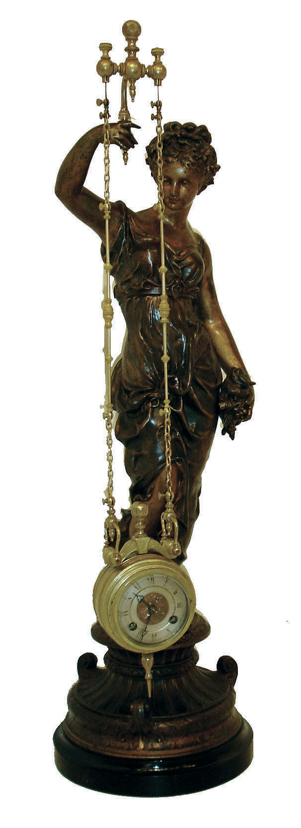 France, mysterious striking novelty, the clock in a drum suspended from two parallel chains, held aloft by the right arm of a spelter female, and the clock swinging from side to side as it runs, c1880 — Antique Clocks Price Guide