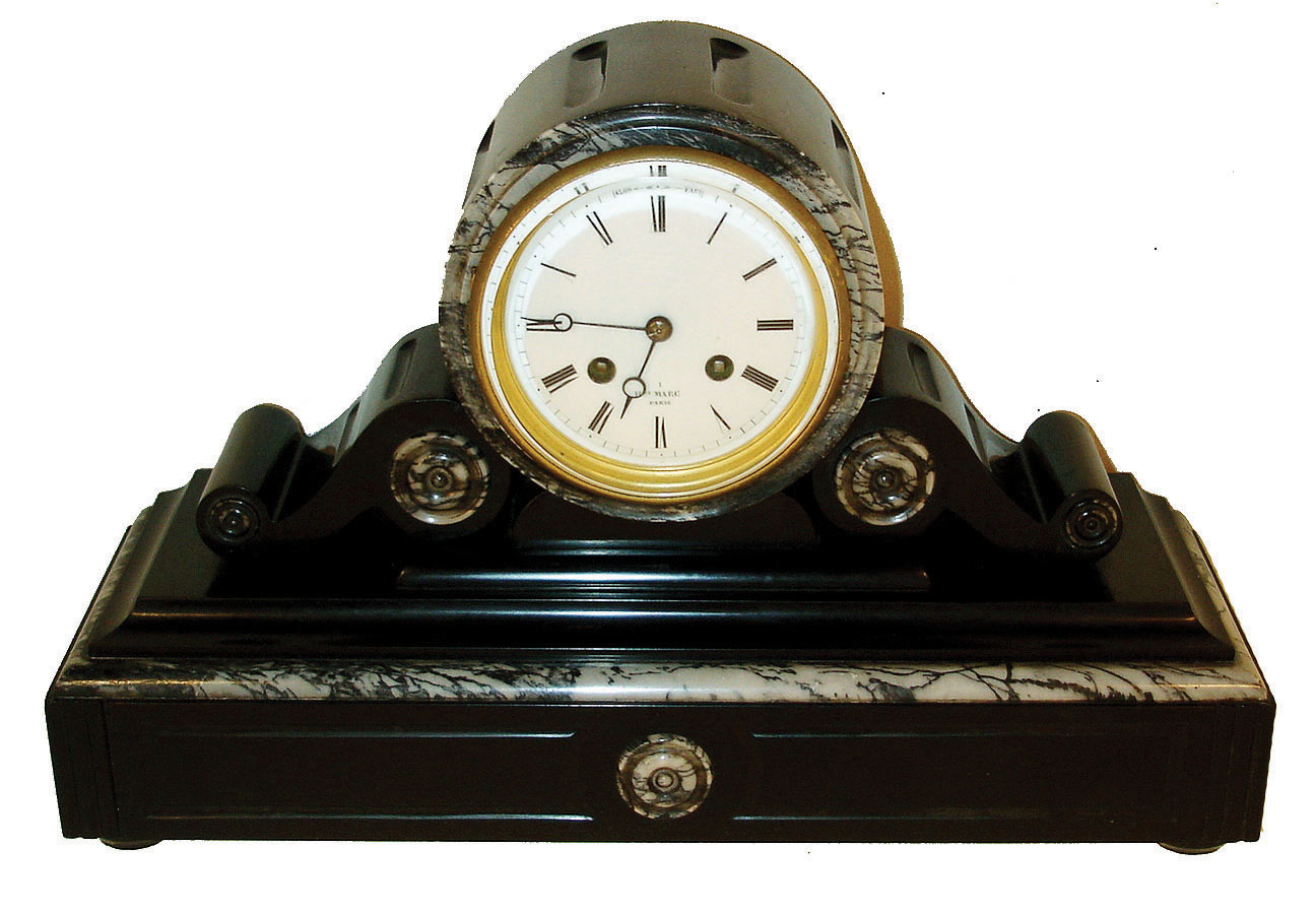 France, Henry Marc, Paris [signed on dial and rear of movement] marble tambour clock, nice smaller size, black with white-black variegated accents, c1900 — Antique Clocks Price Guide