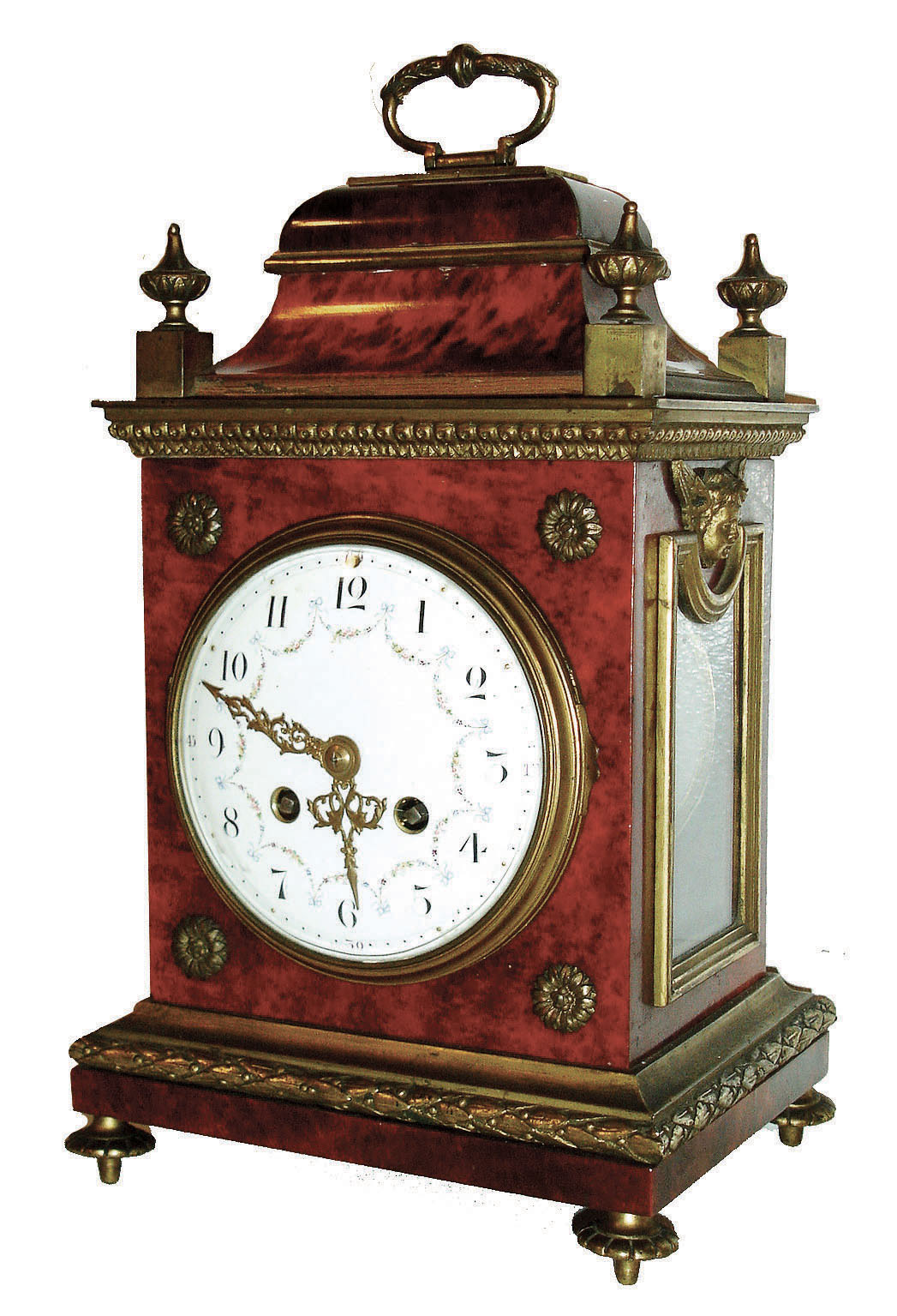 France, small bracket clock with red shell veneer, classis bell top case with ormolu accents, the base with round cast feet, and the porcelain dial with polychrome floral accents and embossed hands in the Louis XVI style, and the movement signed L Marti &amp; Cie, and with award medallion for1889, c1890 — Antique Clocks Price Guide