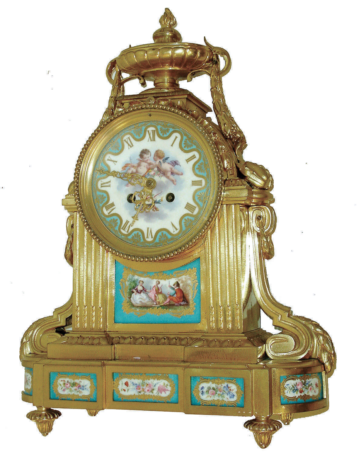 France, exceptional ormolu mantel clock in the Louis XVI style, featuring floral, gilt edged porcelain panels in the base, two ladies and a gent in the park below dial, and and the porcelain panel dial with winged cherubs in the clouds, and with good pendule a Paris movement, the case with profuse ormolu trimmings -- acanthus swags and ribbons, surmounted by an oval urn, c1840 — Antique Clocks Price Guide