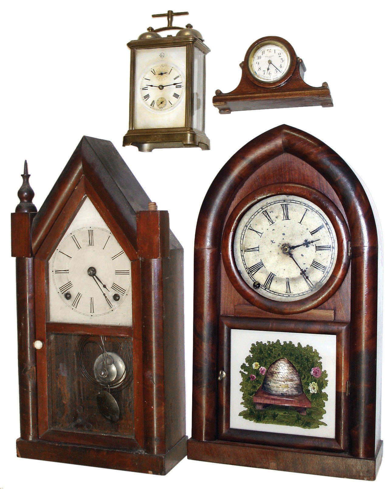 Clocks- 6 (Six): Daniel Pratt 8 days, time and strike, steeple; New Haven miniature tambour; Gilbert bell-top carriage clock; German disk-pendulum 400-day clock with glass dome; Ansonia Clock Co., 8 days, time and strike, beehive; Waterbury 30 hours, time and strike, small OG — Antique Clocks Price Guide