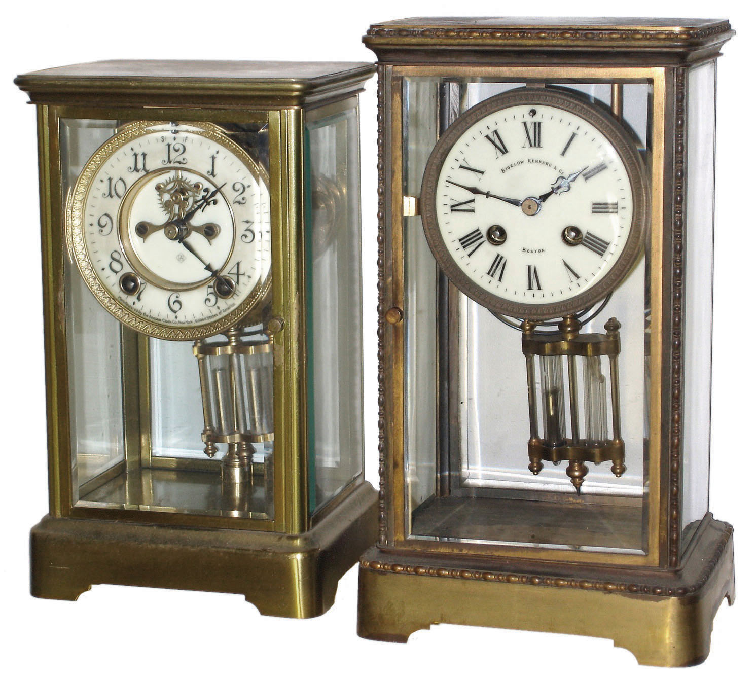 Clocks- 2 (Two) Crystal regulators 8 days, time and strike,,: Ansonia with visible escapement, c1910; French, Japy Freres, for Bigelow Kennard &amp; Co., Boston; c1900 — Antique Clocks Price Guide