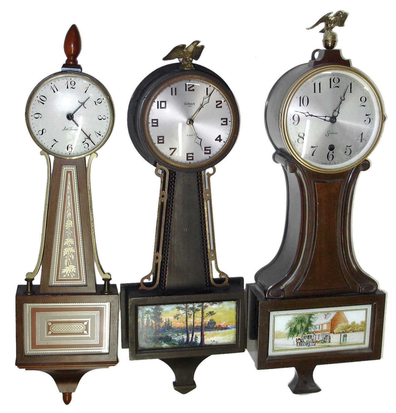 Clocks- 6 (Six) small Connecticut banjo: two plug-in electric, four wind-up 8 day mechanical: Seth Thomas; Sessions; Gilbert; 20th century — Antique Clocks Price Guide